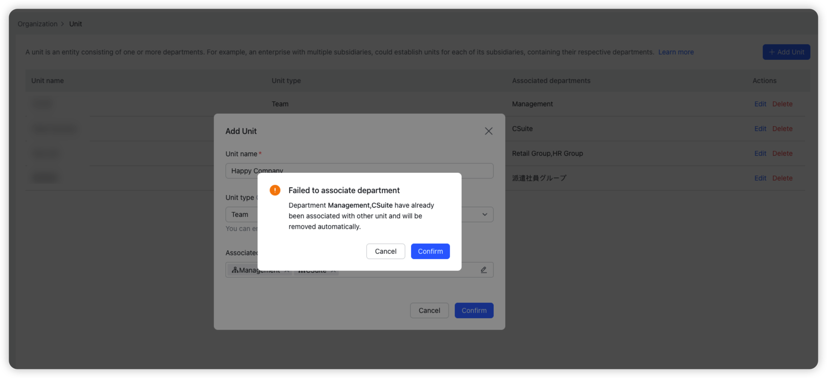 Admin Create and manage units