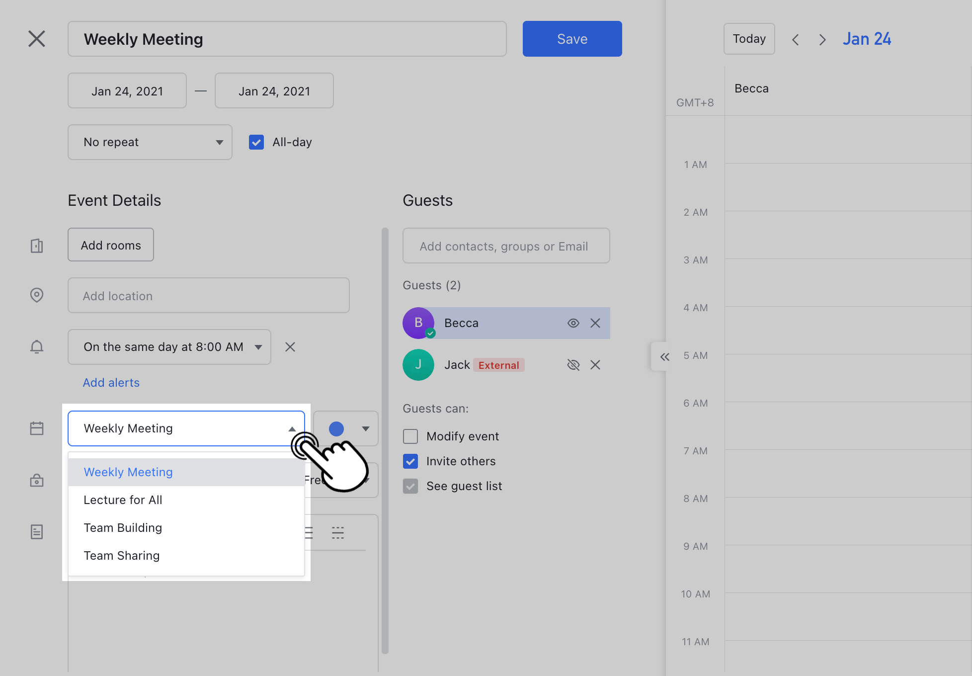 Select or change the calendar of an event