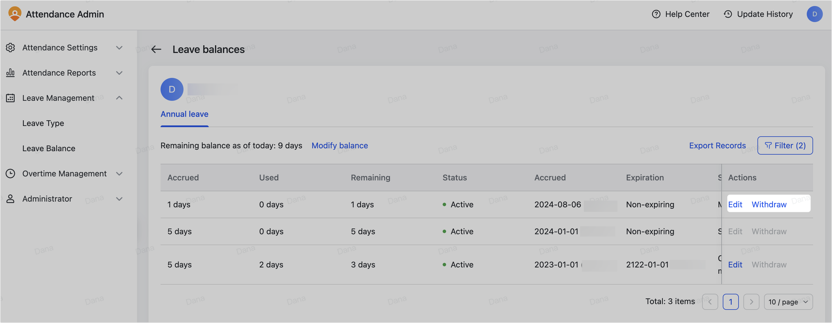 Admin | Manage leave balances