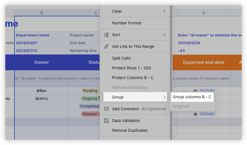 Group rows and columns in Sheets