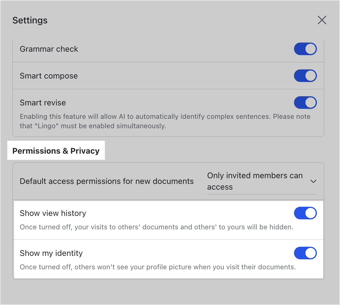 Check document information and configure privacy settings