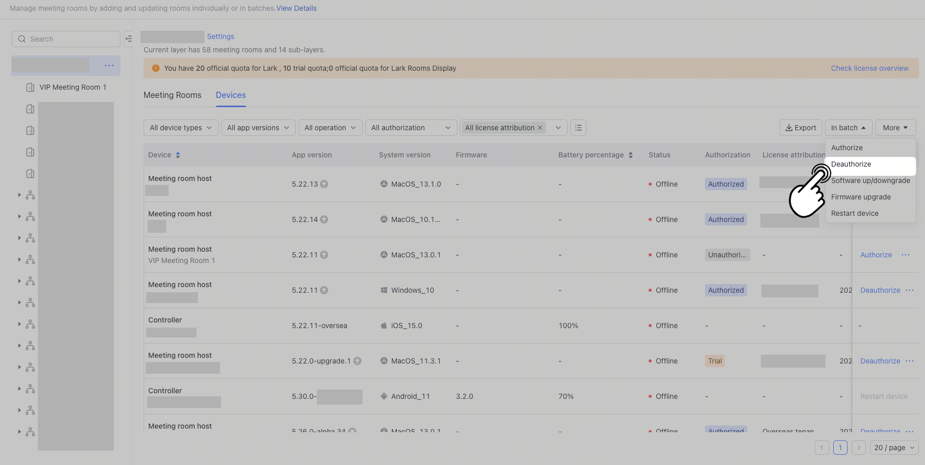 Manage meeting room license authorizations