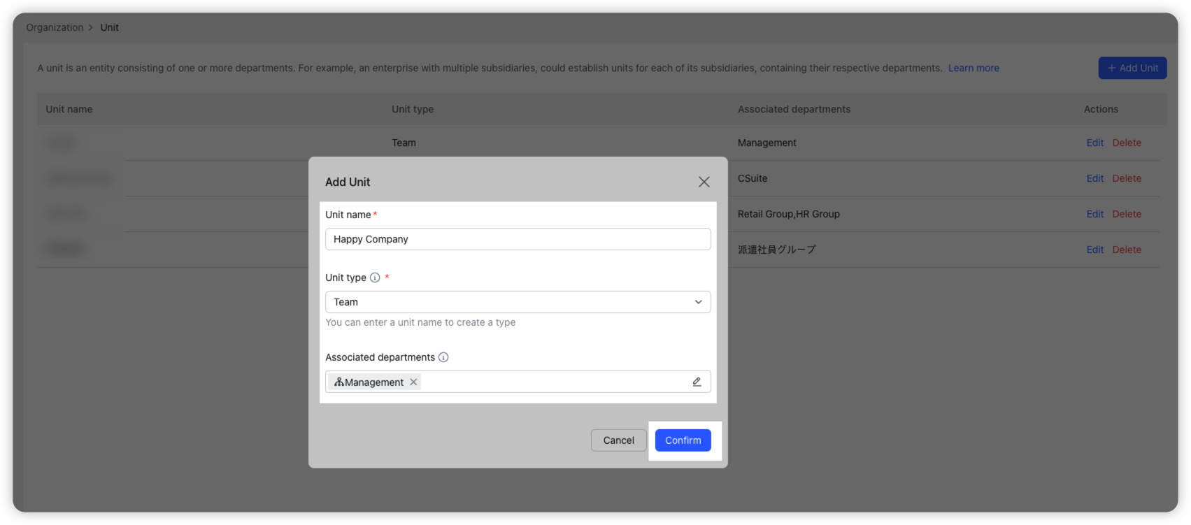 Admin Create and manage units