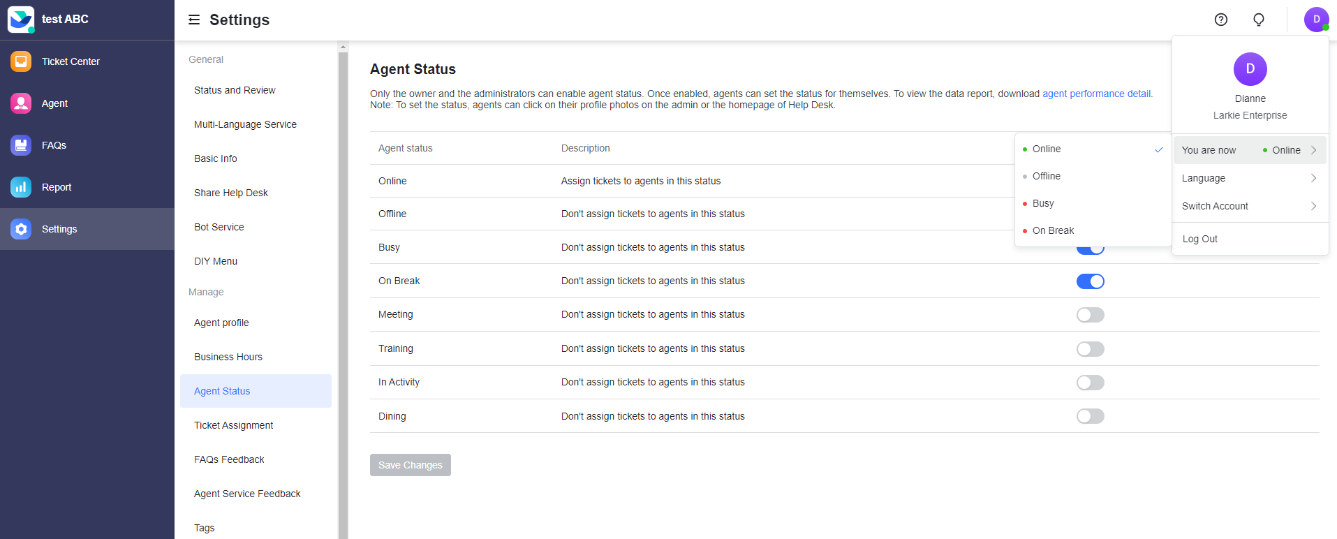 Manage agent status