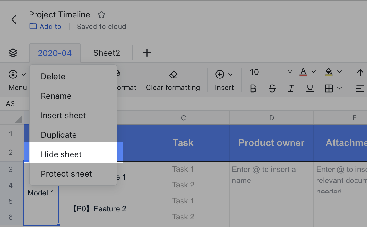 Hide sheets rows and columns in sheets