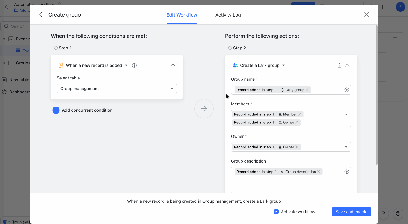 Create events, tasks and groups with automated workflows