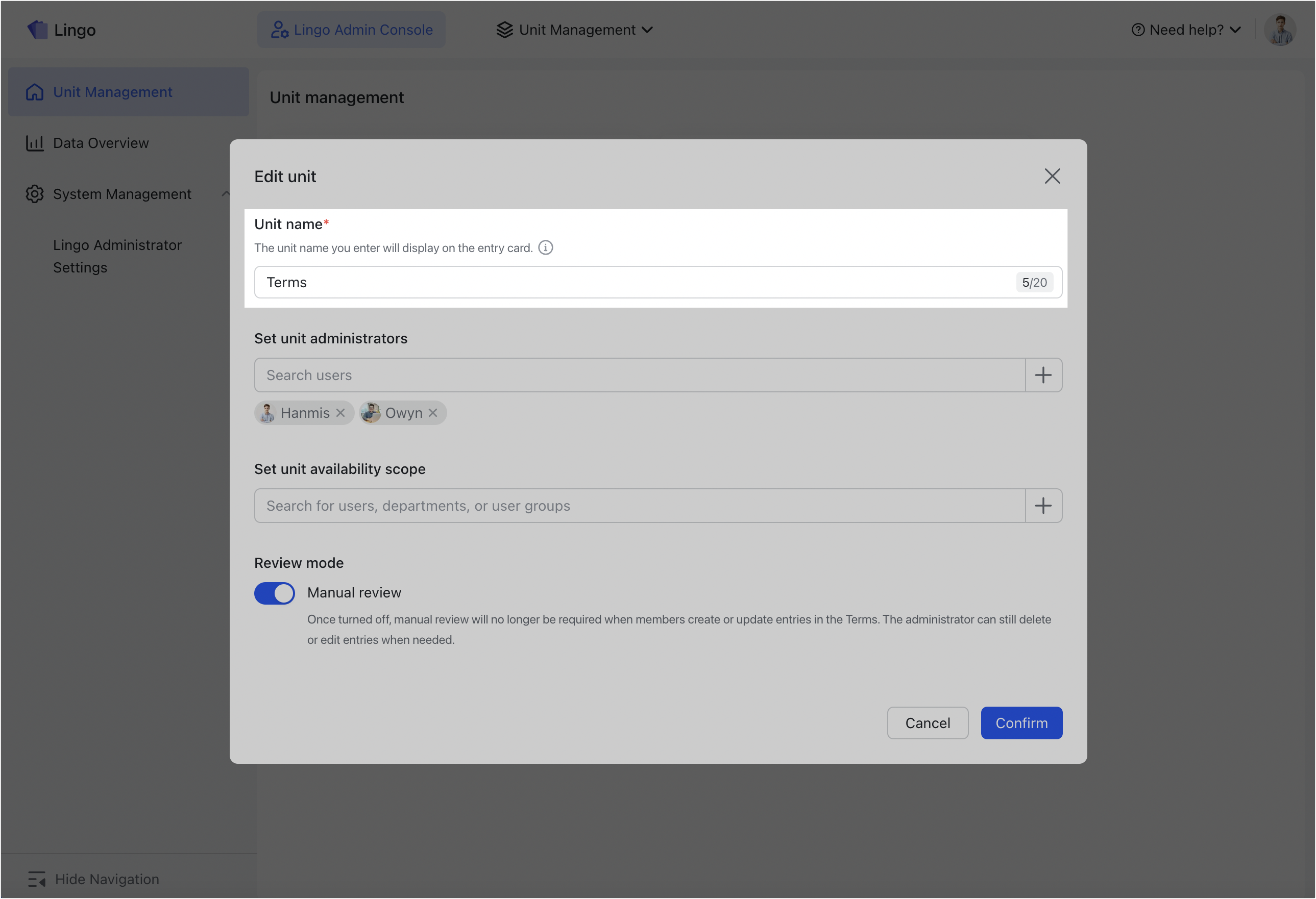 Manage Lingo entries using units