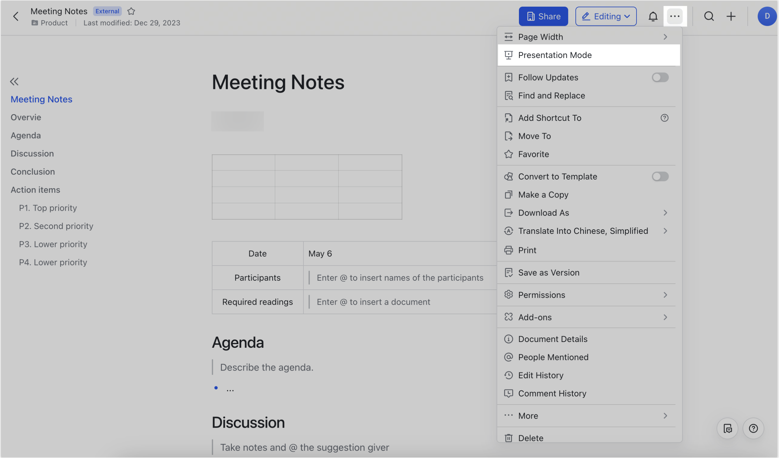 presentation mode in google docs