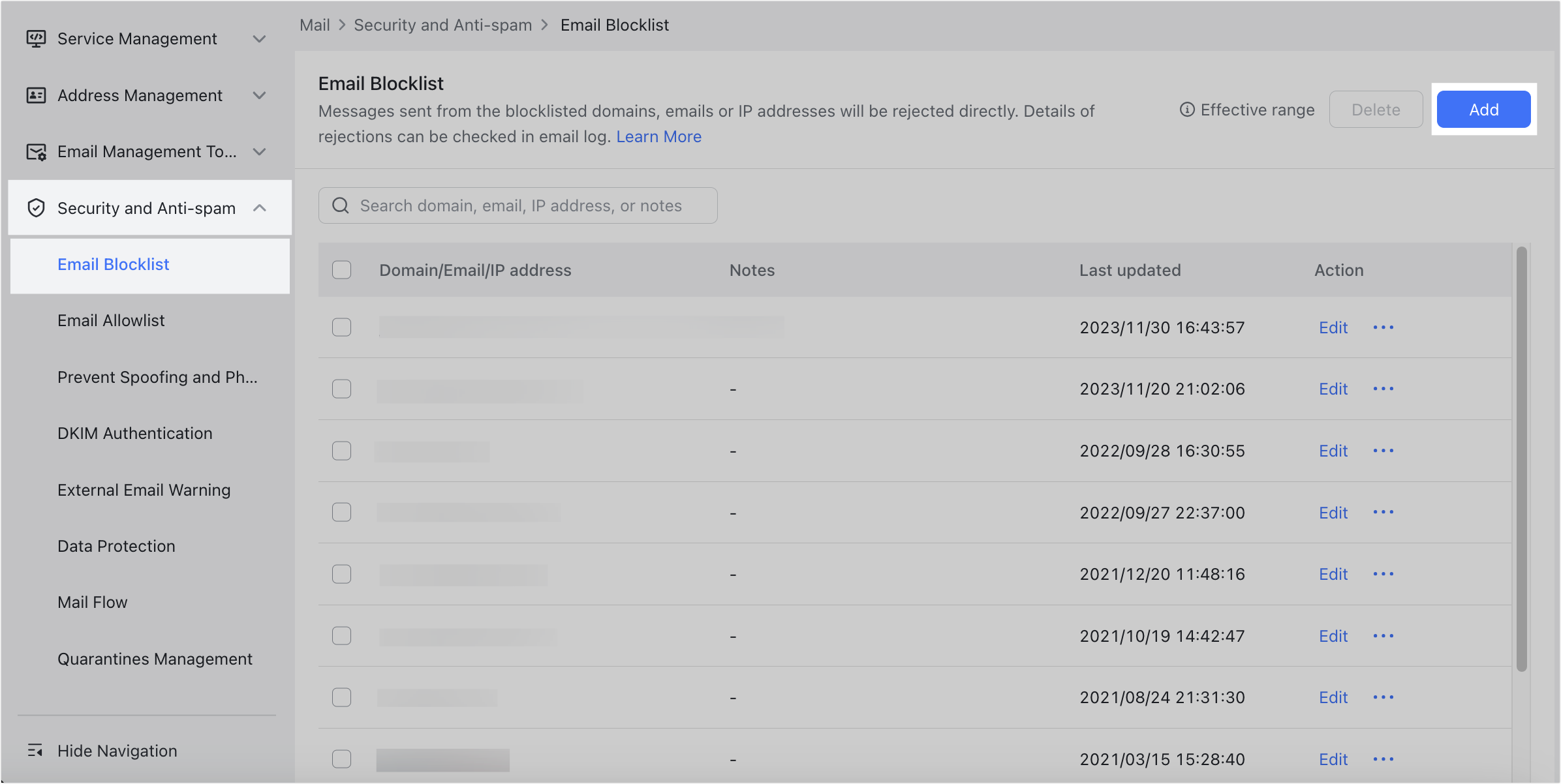 Admin create an email blocklist
