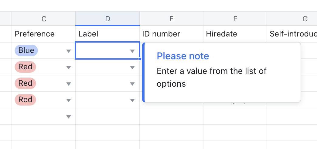 Use data validation in Sheets
