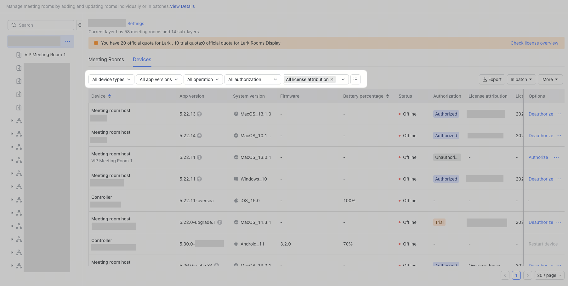 Manage meeting room license authorizations