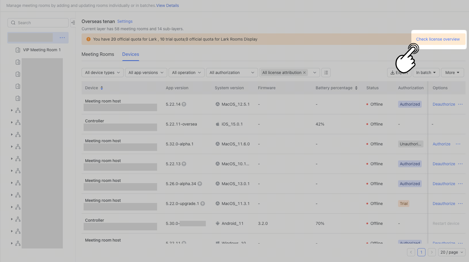 Manage meeting room license authorizations