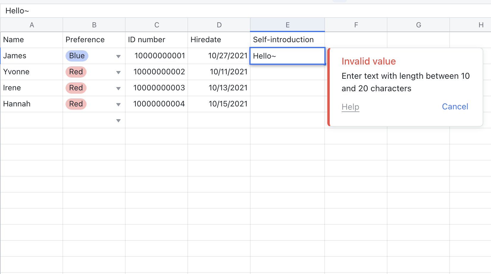 Use data validation in Sheets