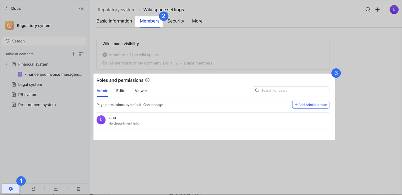 Modify wiki space security settings