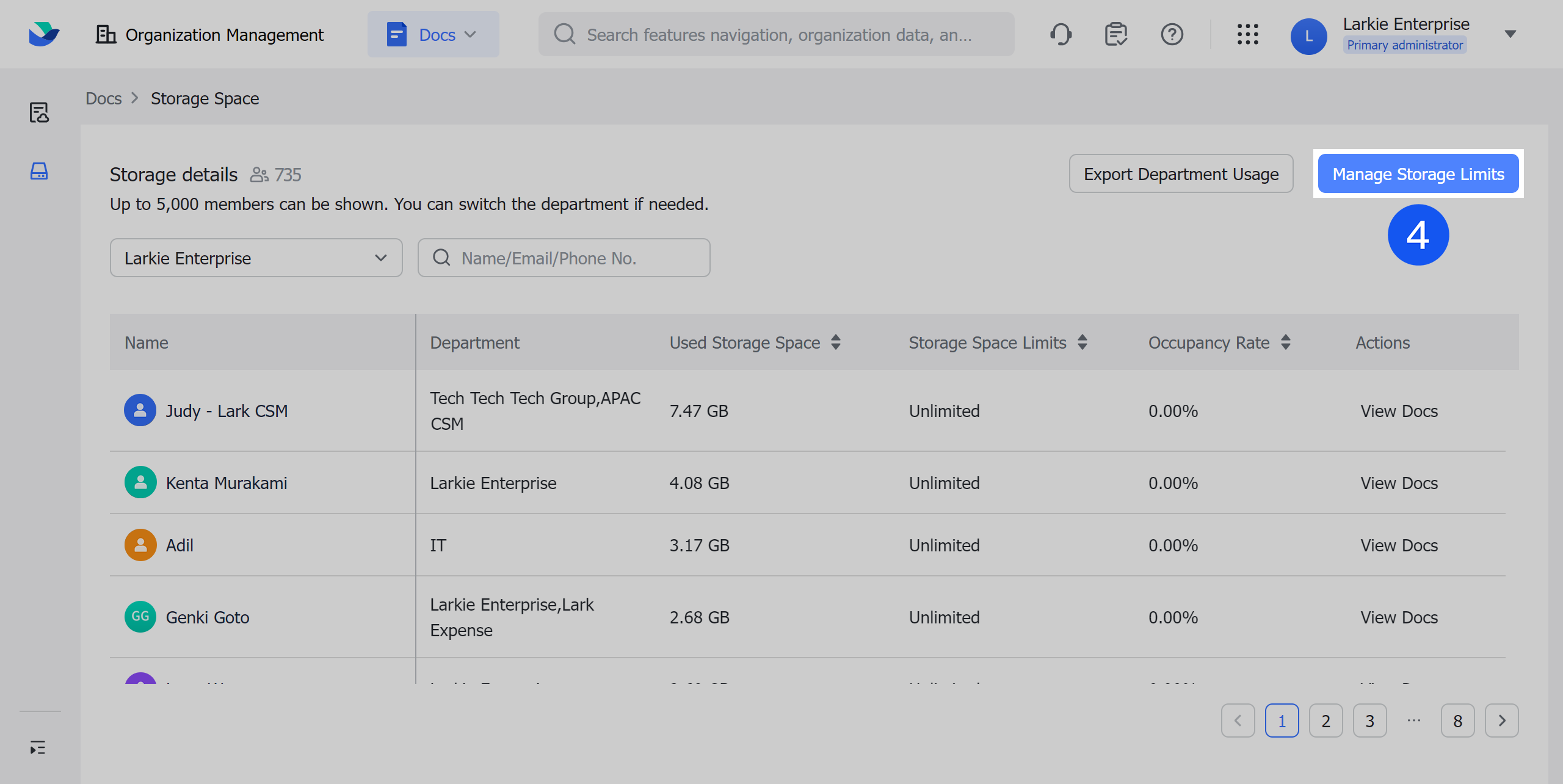 Admin Set Docs storage limit