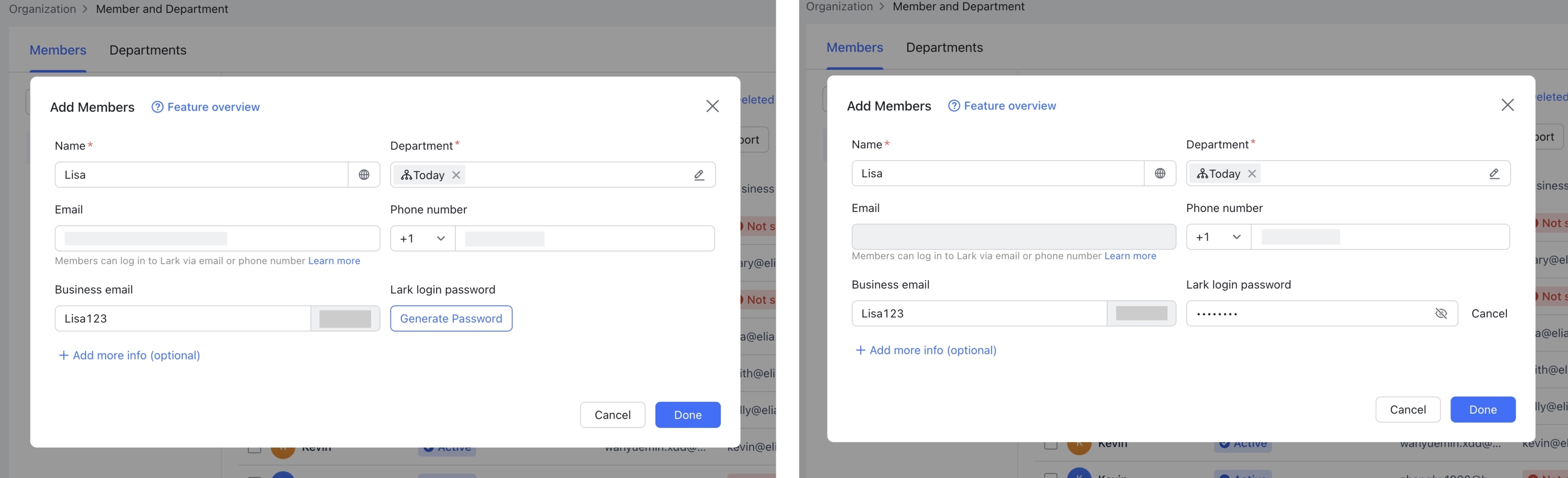 Admin Manage business emails and passwords for members